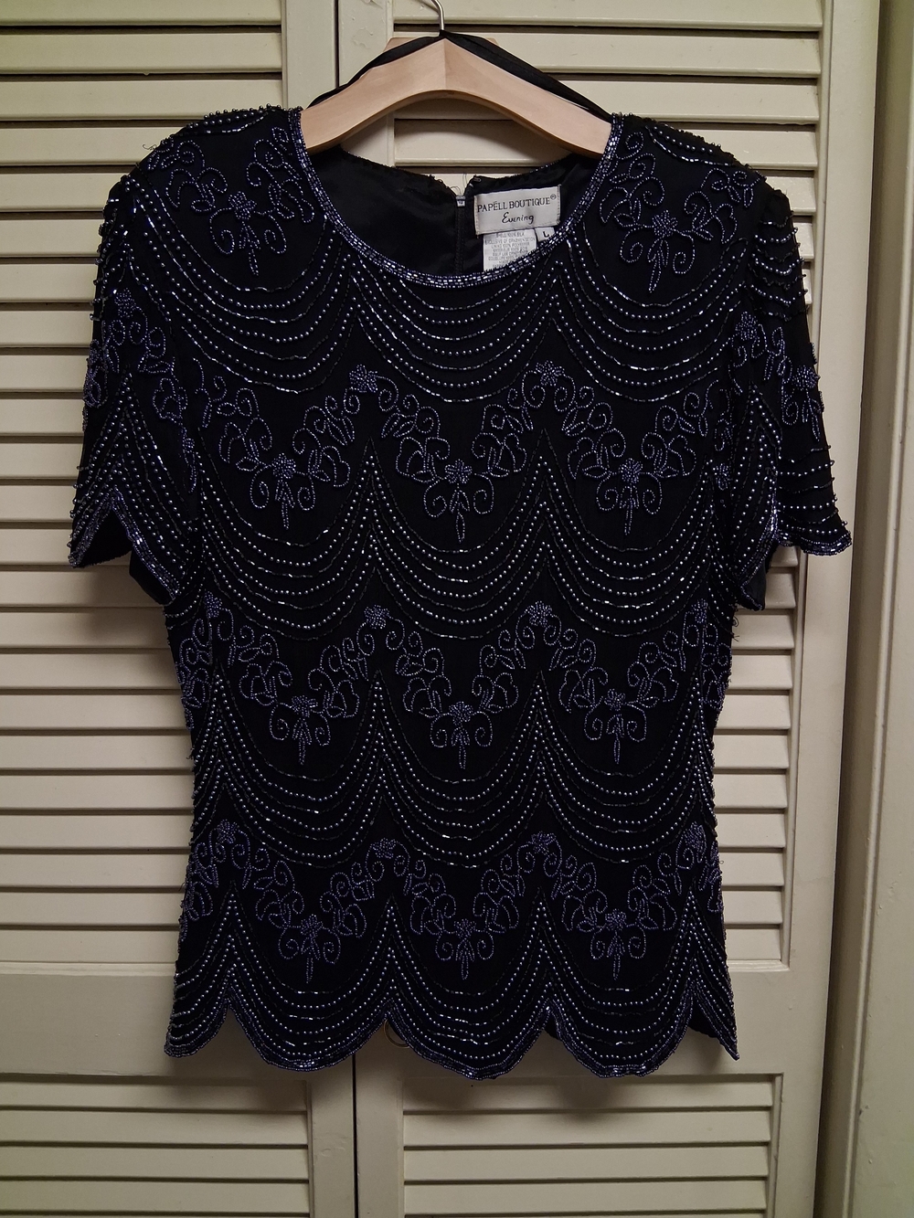 Vintage 100% Silk Papell Boutique Navy Beaded Short Sleeve Top SzL